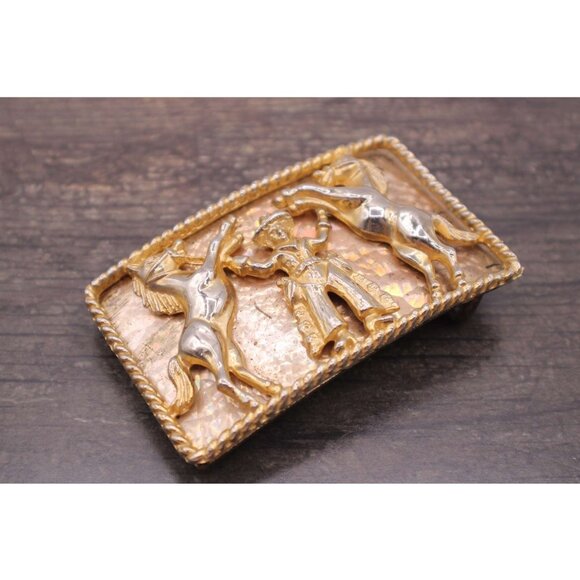 Western Cowboy Rodeo Horse Belt Buckle Rope Border Gold Tone Cowboy Rodeo Vtg - Picture 7 of 11